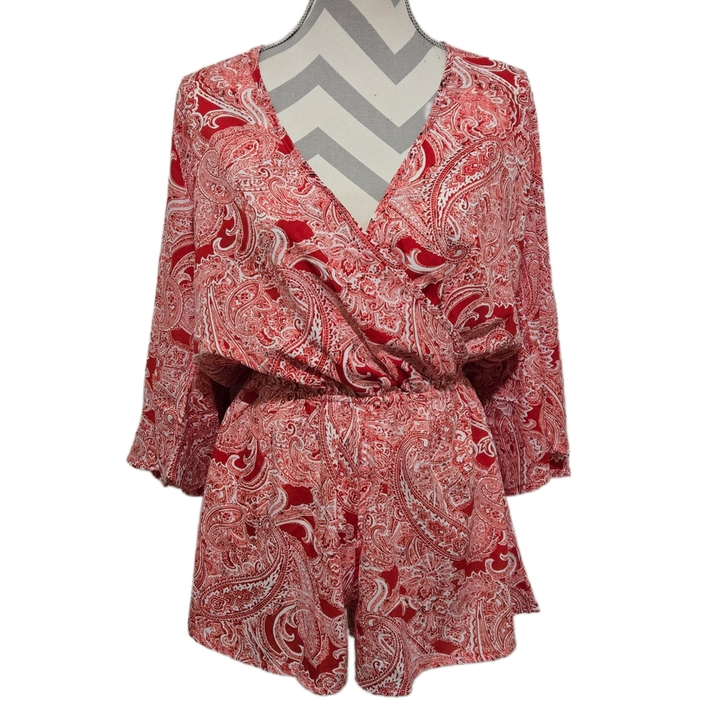 Elan Red Paisley Boho Romper Surplice V-Neck Long Sleeve Elastic Waist Medium